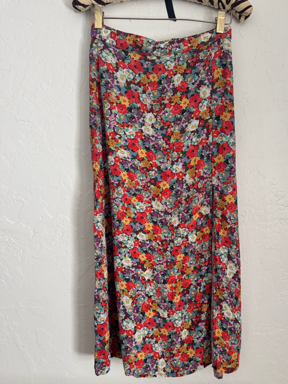 H&M Floral Midi Skirt Side Split Red Blue Yellow Size Small XS 2